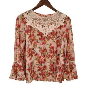 Disney Lauren Conrad Womens Sheer Embroidered Floral Boho Blouse M Bell Sleeve